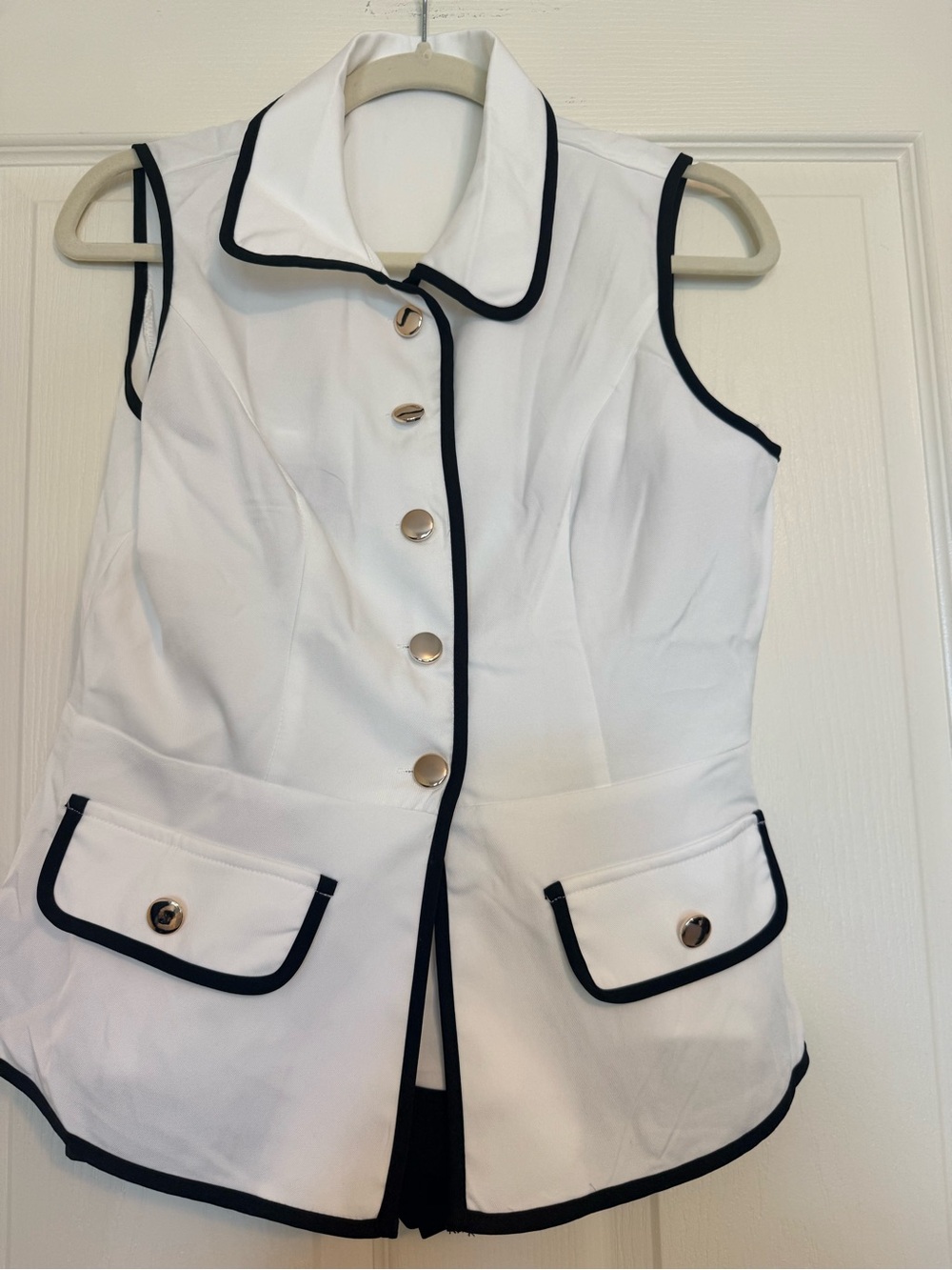 Sleeveless White Button Front Top with Black Trim